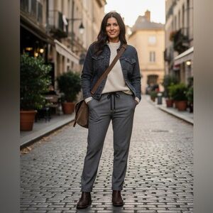 Les Copains Gray, Virgin Wool Windowpane, Pull-On Pants. Italian fabric. EU38